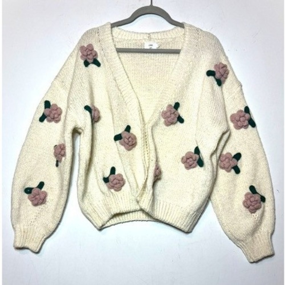 Luna Ivy Cream 3D Floral Rosette Knit Cardigan Sweater Anthropologie Womens Sz L